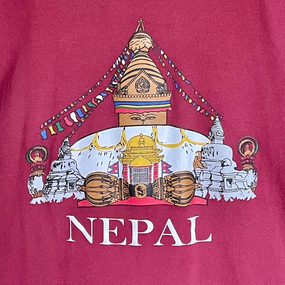 Nepal Buddha Stupa Graphic Burgundy T Shirt Adult size Large - Picture 4 of 9